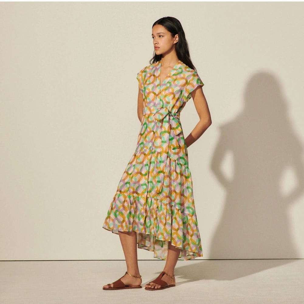 Sandro Green Athena Circle Print Linen & Silk Shirtdress, Size 36